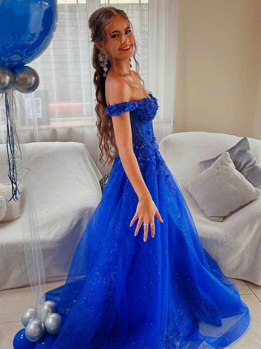 Royal Blue Glitter Off The Shoulder Corset Prom Dress With Floral Appliques