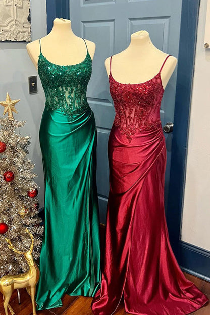 Vestido de fiesta largo de satén estilo sirena con cordones en azul real y abertura