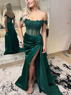 Royal Blue Off The Shoulder Satin Beaded Long Prom Dress With Appliques