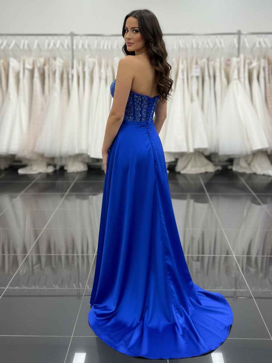 Royal Blue Satin A-Line Beaded Corset Prom Dress