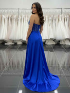 Royal Blue Satin A-Line Beaded Corset Prom Dress