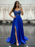 Royal Blue Satin A-Line Beaded Corset Prom Dress