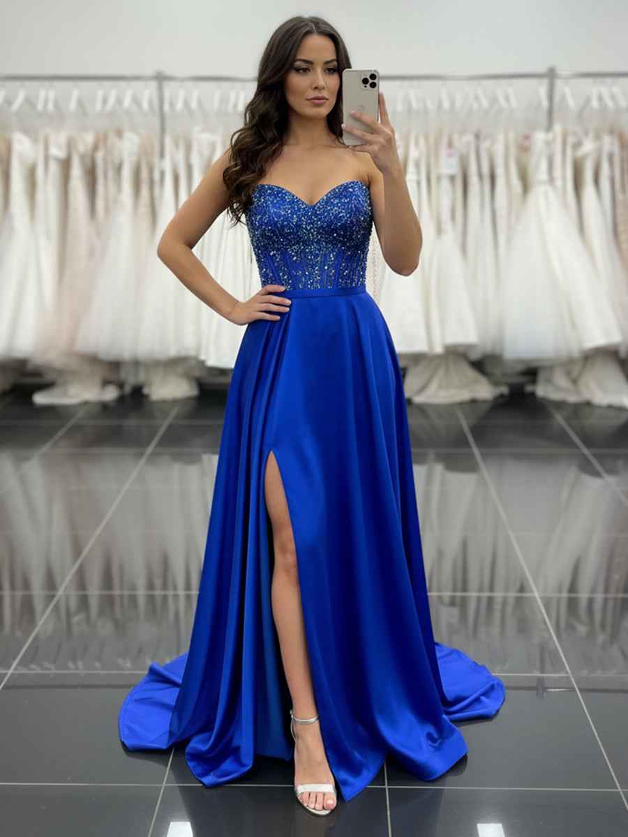 Royal Blue Satin A-Line Beaded Corset Prom Dress