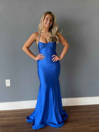 Royal Blue Satin Mermaid Prom Dress With Sparkly Rhinestone Straps