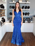 Royal Blue Sequin Embellished Mermaid Prom Dress With Illusion Cutouts