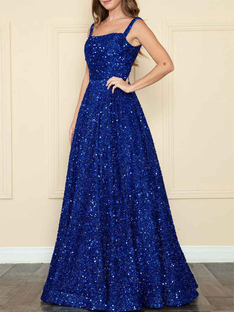 Royal Blue Sequin Square Neckline A Line Prom Dress With Tank Straps