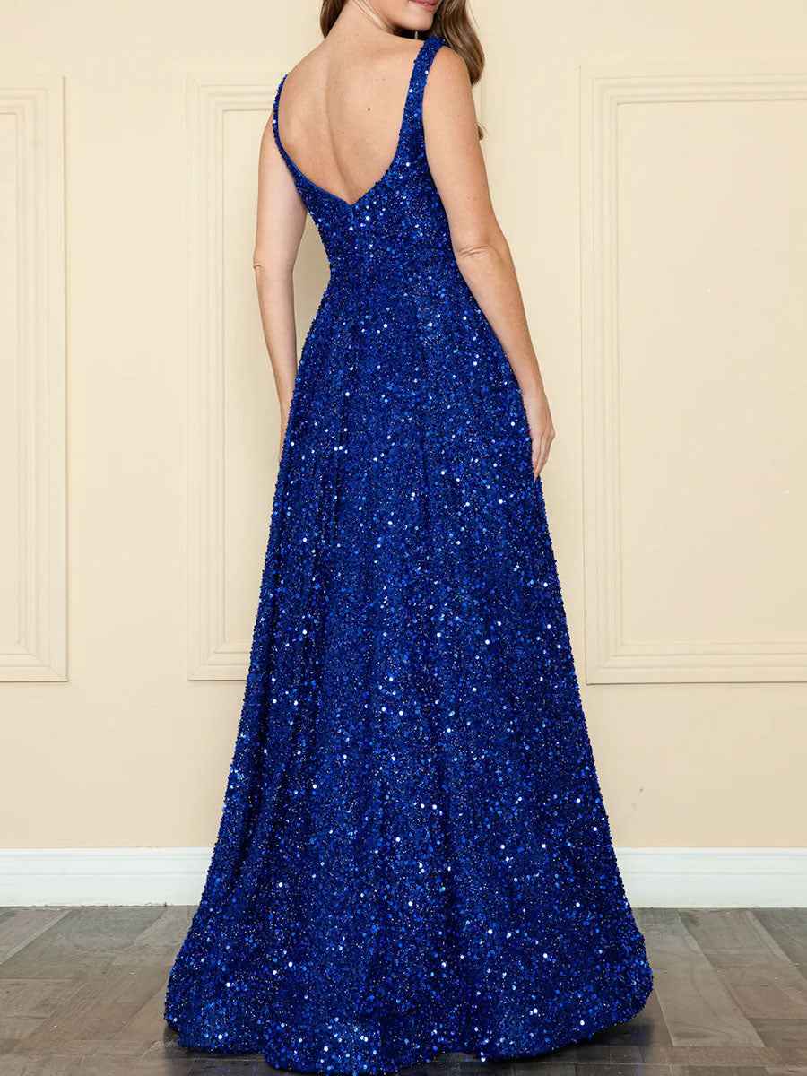 Royal Blue Sequin Square Neckline A Line Prom Dress With Tank Straps