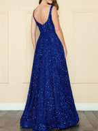 Royal Blue Sequin Square Neckline A Line Prom Dress With Tank Straps