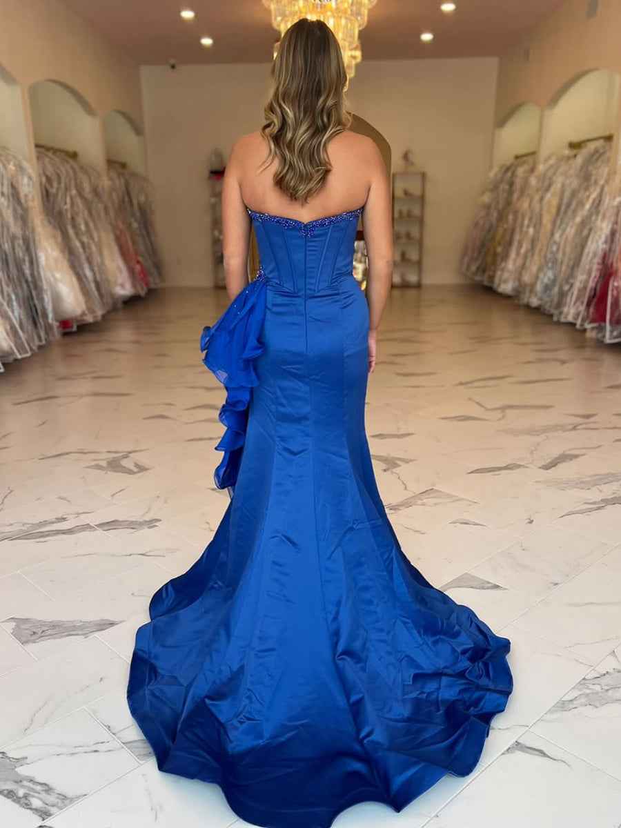 Royal Blue Strapless Satin Long Corset Prom Dress With Plunging V Neck