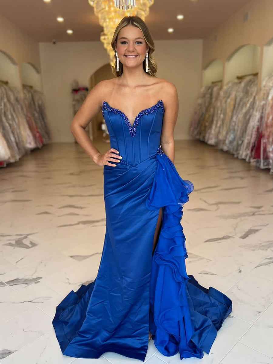 Royal Blue Strapless Satin Long Corset Prom Dress With Plunging V Neck