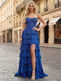 Royal Blue Strapless Bodice Prom Dress With Tiered Ruffles