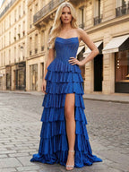 Royal Blue Strapless Bodice Prom Dress With Tiered Ruffles