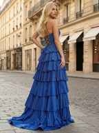 Royal Blue Strapless Bodice Prom Dress With Tiered Ruffles