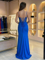Royal Blue Beaded Corset Prom Dress With High Slit And Sweetheart Neckline