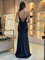 Royal Blue Beaded Corset Prom Dress With High Slit And Sweetheart Neckline