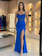 Royal Blue Beaded Corset Prom Dress With High Slit And Sweetheart Neckline