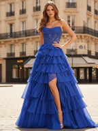 Royal Blue Tiered Ruffle Corset Chiffon A Line Prom Dress