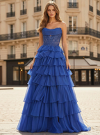 Royal Blue Tiered Ruffle Corset Chiffon A Line Prom Dress