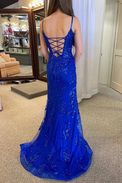 Vestidos de fiesta de tul con escote en V, tirantes finos y corte sirena con abertura