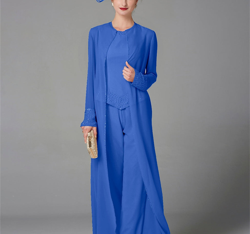 Mother Of The Bride Pantsuit With Jacket And Sequins Long Sleeve Chiffon