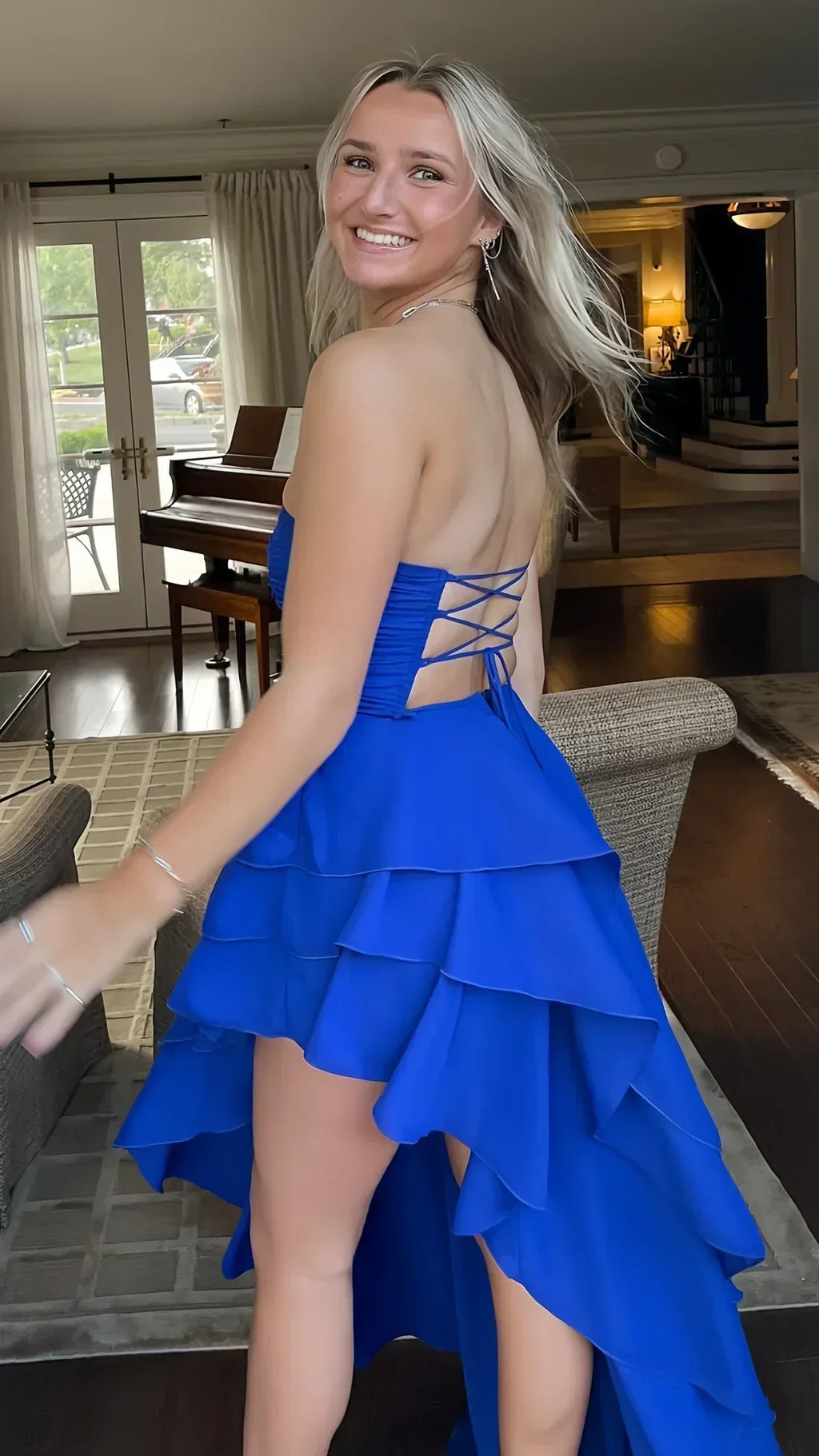 Vestidos de Baile com Corpete Azul Real, Sem Alças, com Folhos, Vestido de Festa SYP188