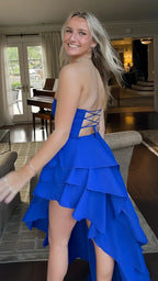 Vestidos de Baile com Corpete Azul Real, Sem Alças, com Folhos, Vestido de Festa SYP188