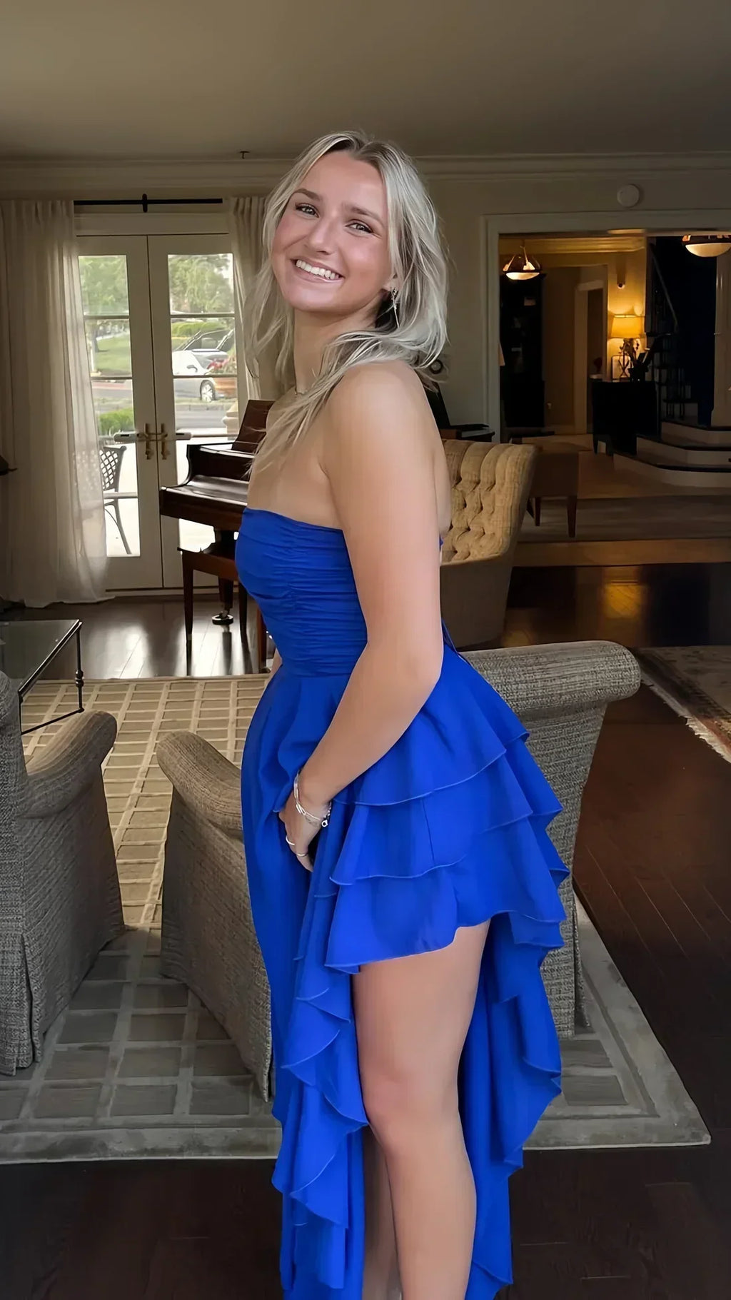 Vestidos de Baile com Corpete Azul Real, Sem Alças, com Folhos, Vestido de Festa SYP188