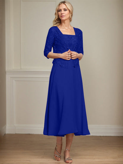 A-Linie Quadratisches Wadenlanges Chiffon-Spitzenkleid für die Brautmutter mit Pailletten und Perlen 