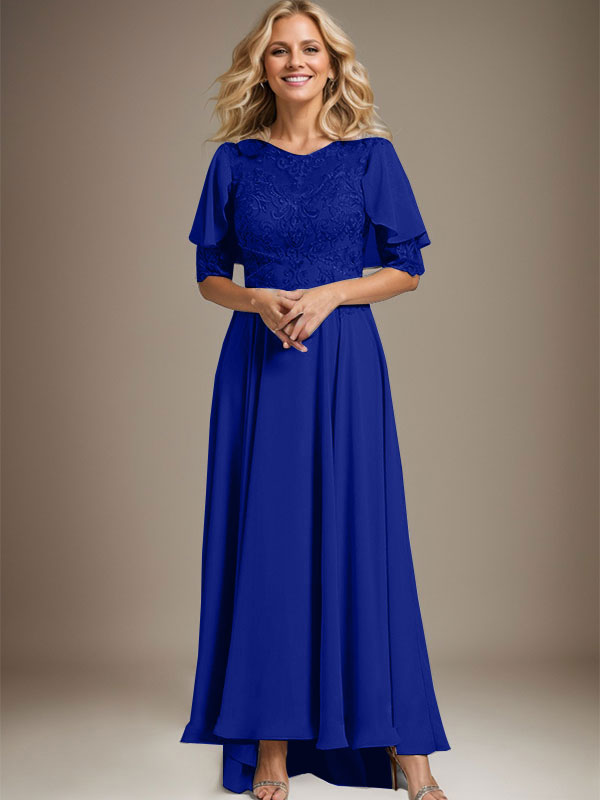 Robe de mère de la mariée en mousseline et dentelle asymétrique à encolure dégagée en ligne A avec perles