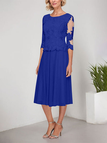 A-Linie U-Ausschnitt Wadenlang Spitzen Chiffon Mutter der Braut Kleid mit Stickerei 