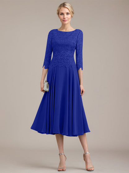 A-Linie U-Ausschnitt Wadenlang Chiffon-Kleid für die Brautmutter 