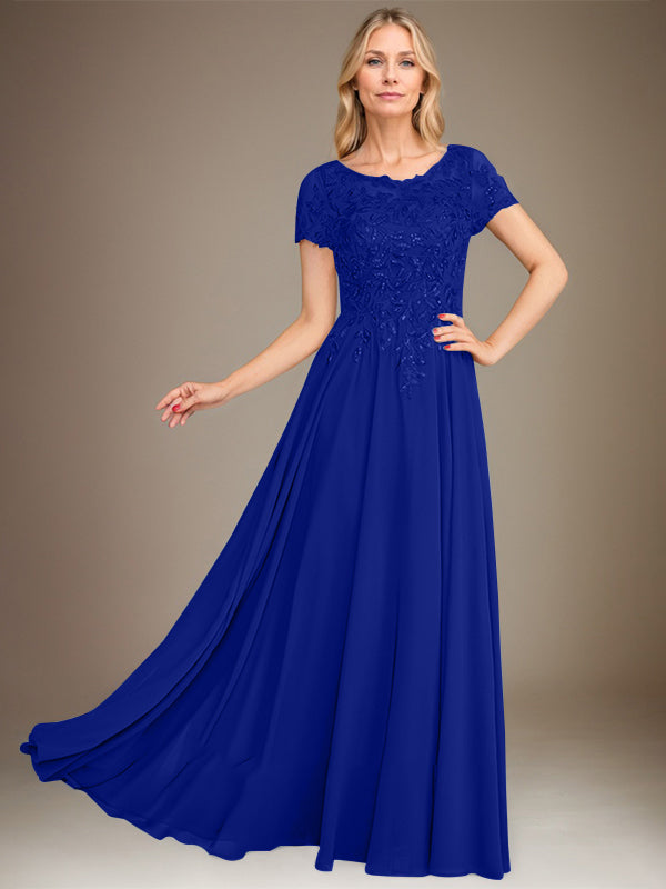 Robe de mère de la mariée en mousseline, longueur au sol, coupe en A, décolleté arrondi, ornée d'appliques et de paillettes