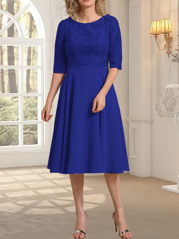 Robe de mère de la mariée en mousseline de soie à dentelle, longueur genou, en ligne A avec encolure dégagée