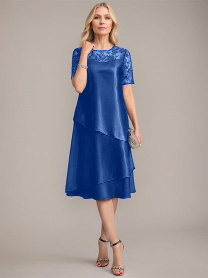 A-Linie, U-Ausschnitt, knielanges Kleid für die Brautmutter mit Applikationen und Pailletten 