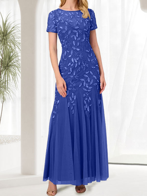 Blue Mermaid Round Neck Long Mother of the Bride Dress With Beadings