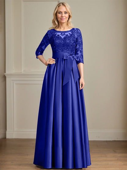 A-Linie, U-Ausschnitt, Illusion, bodenlanges Satin-Spitzenkleid für die Brautmutter mit Paillettenschleife 