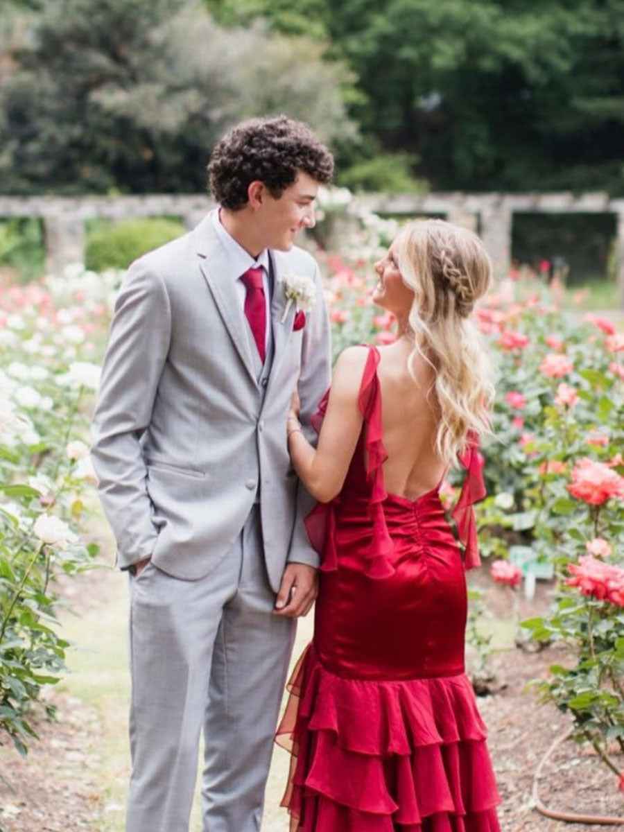 Ruffle Straps Tiered Long Prom Dress With Slit Elegant Mermaid Gown