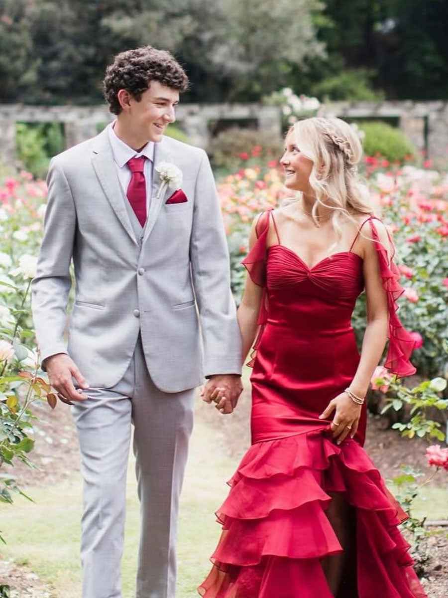 Ruffle Straps Tiered Long Prom Dress With Slit Elegant Mermaid Gown