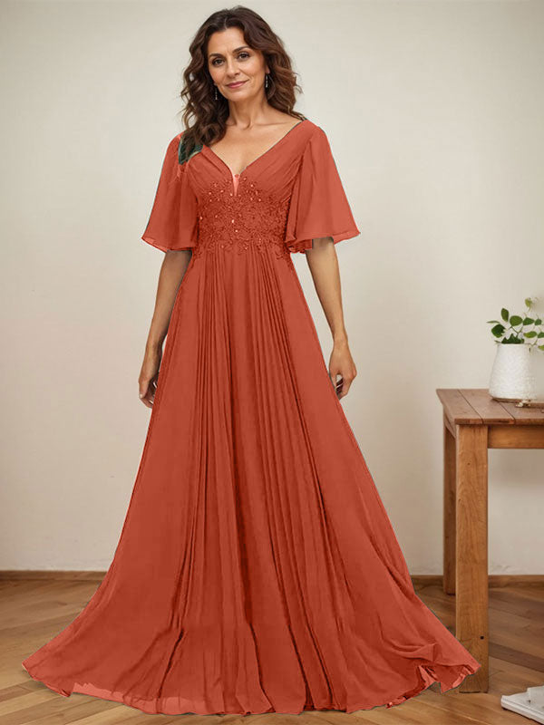 A-Linie V-Ausschnitt Bodenlang Chiffon Mutter der Braut Kleid Mit Pailletten Applikationen Spitze Plissee 