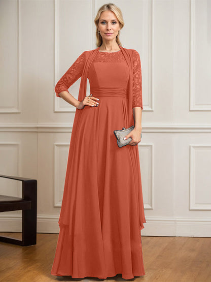 A-Linie U-Ausschnitt Illusion Bodenlang Spitze Chiffon Mutter der Braut Kleid Mit Plissee 