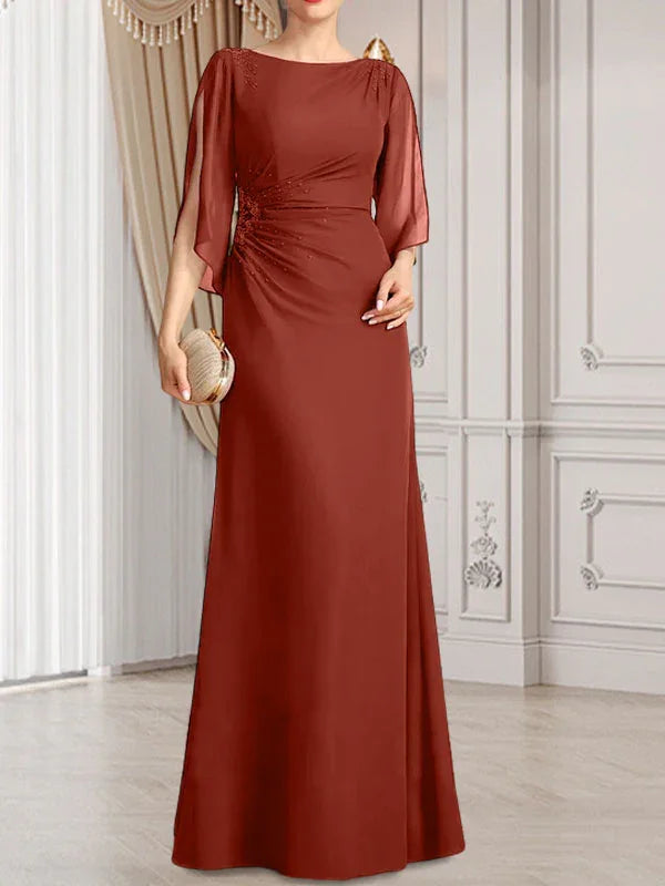 Vestido de madrina de novia de gasa largo hasta el suelo con corte columna y fajín plisado con cuentas