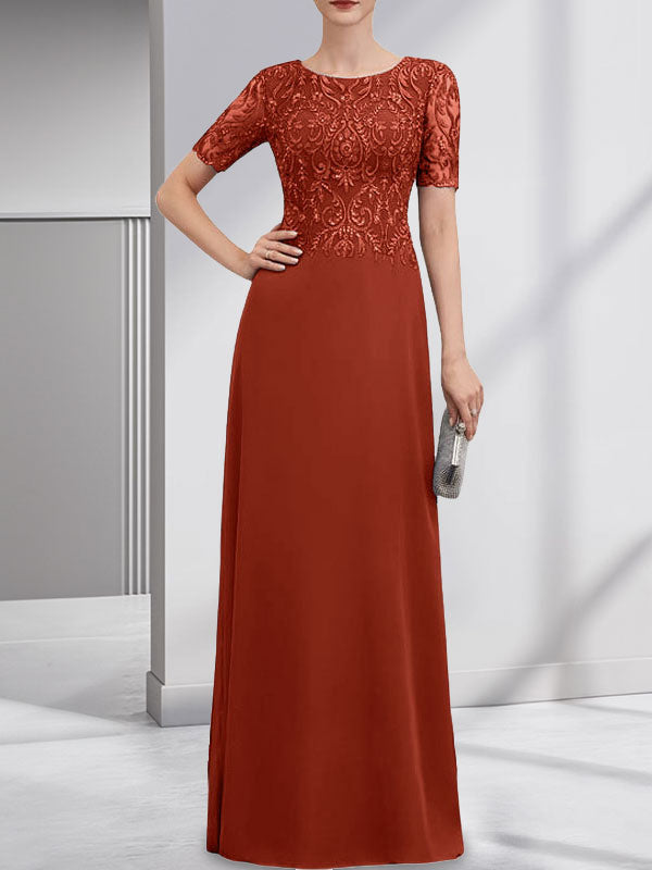 A-Linie U-Ausschnitt Bodenlang Spitzen-Chiffon-Kleid für die Brautmutter mit Pailletten