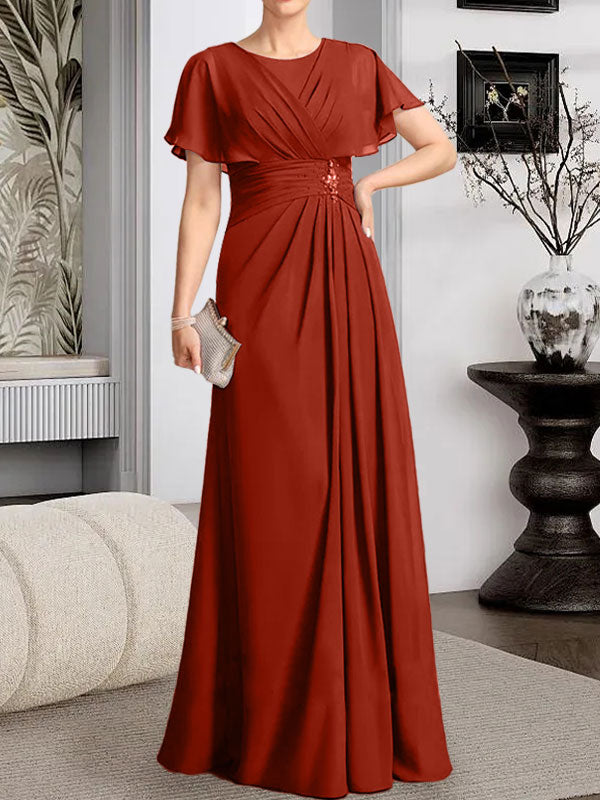 Robe de mère de la mariée en mousseline, longueur au sol, en ligne A, décolleté arrondi, ornée de perles plissées