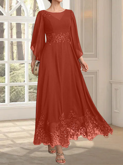 A-Linie, U-Ausschnitt, Illusion, knöchellang, Spitzen-Chiffon, Kleid für die Brautmutter mit Pailletten 