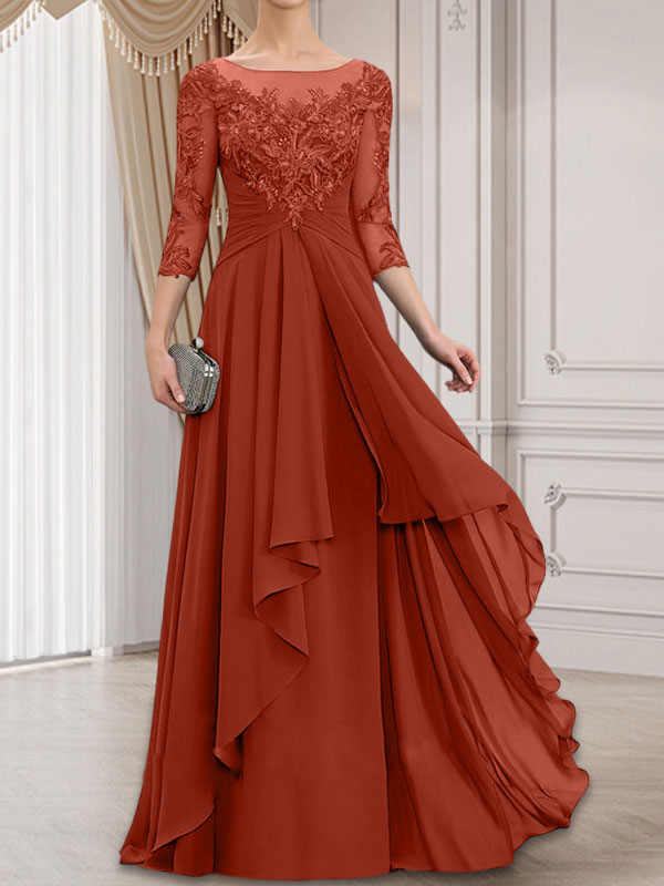 A-Linie, U-Ausschnitt, Illusion, bodenlanges Chiffon-Kleid für die Brautmutter mit kaskadierenden Rüschen