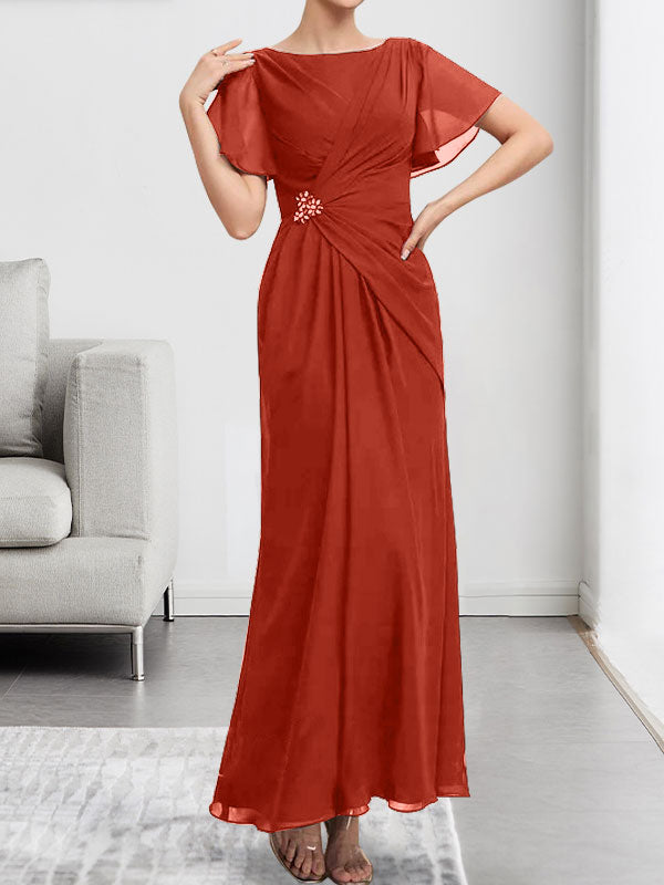 Robe de mère de la mariée en mousseline, longueur cheville, en ligne A, encolure dégagée, ornée de perles et plissée