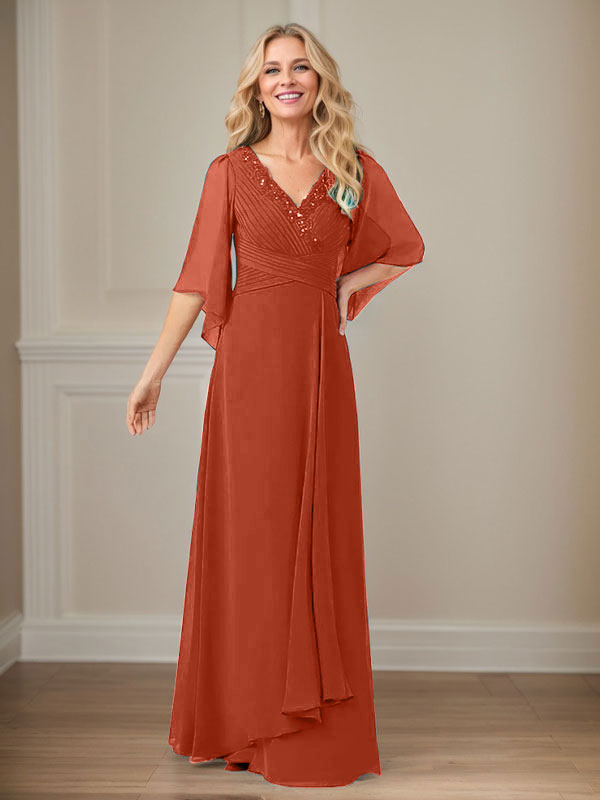 A-Linie V-Ausschnitt Lange Pailletten Chiffon Mutterkleid