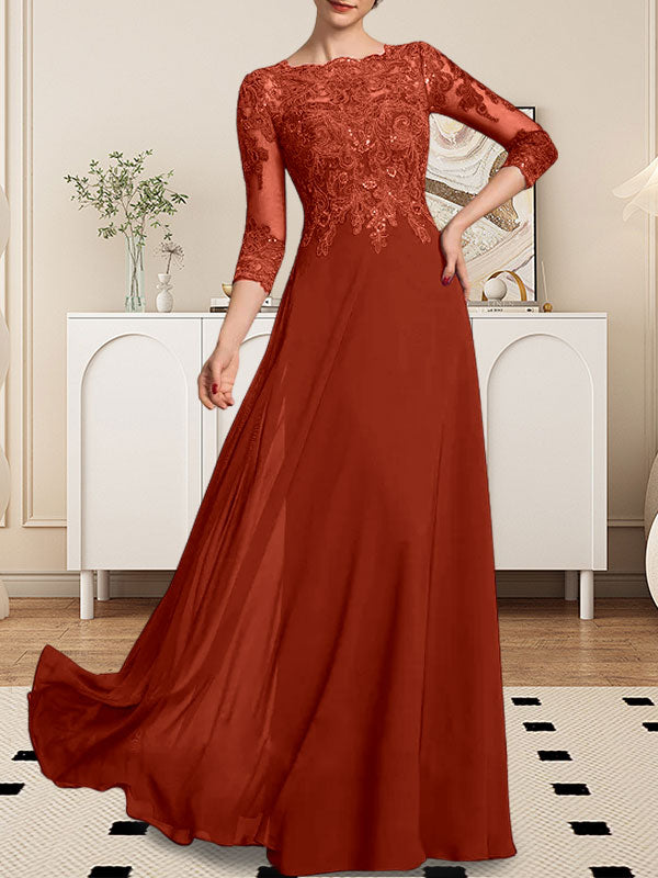 A-Linie U-Ausschnitt Bodenlang Spitzen-Chiffon-Kleid für die Brautmutter mit Pailletten