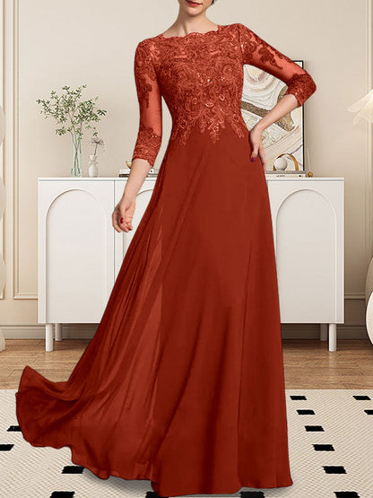 A-Linie U-Ausschnitt Bodenlang Spitzen-Chiffon-Kleid für die Brautmutter mit Pailletten