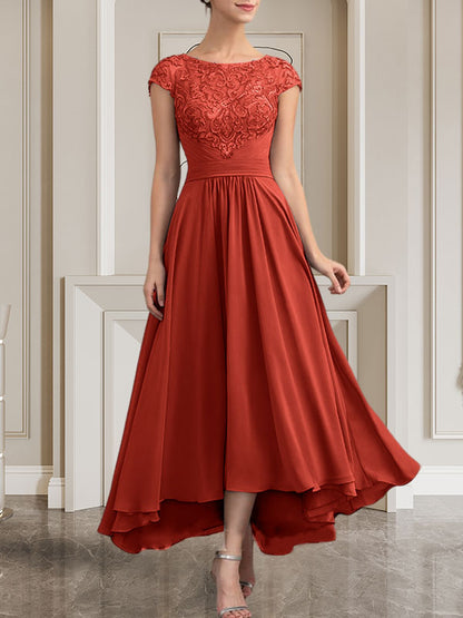 A-Linie U-Ausschnitt Bodenlang Spitzen-Chiffon-Kleid für die Brautmutter mit Pailletten